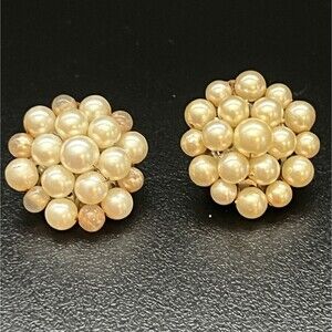 Vintage 1930s Faux Pearl Beaded Clip On Earrings Jewelry Gold Tone